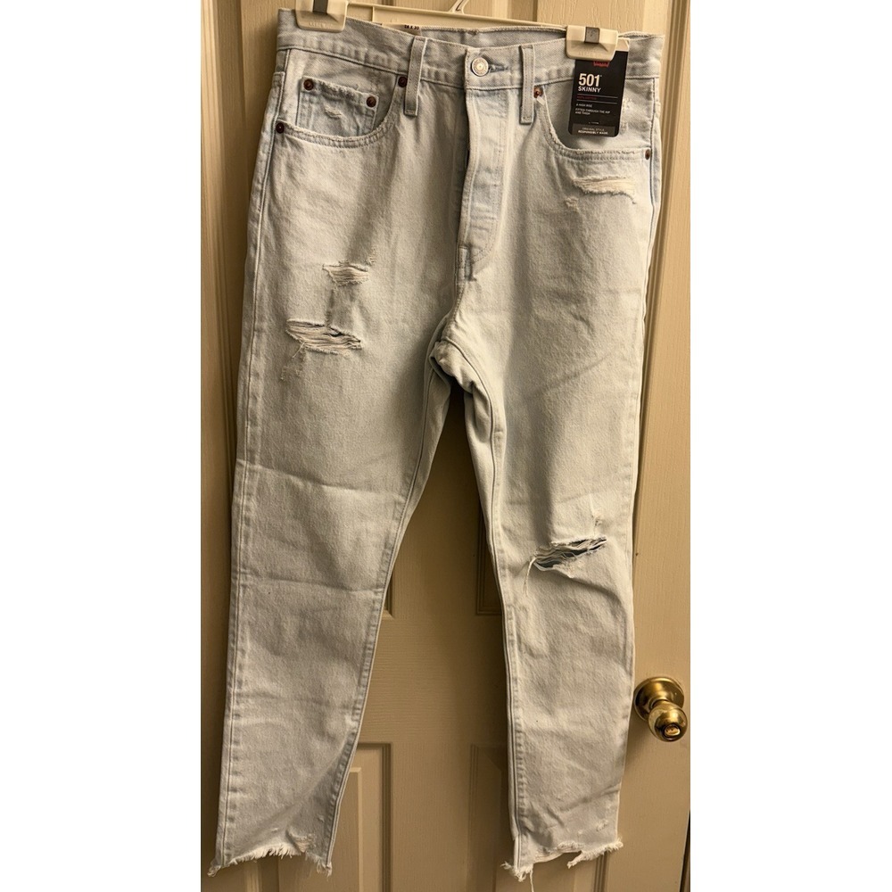 Levis Big E Womens 501 Skinny Jean 28x30 Button Fly Ripped Distressed NWT